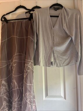 Colette Mordo 3 Piece Taupe Sweater and Cardigan and Brown Midi Skirt Set